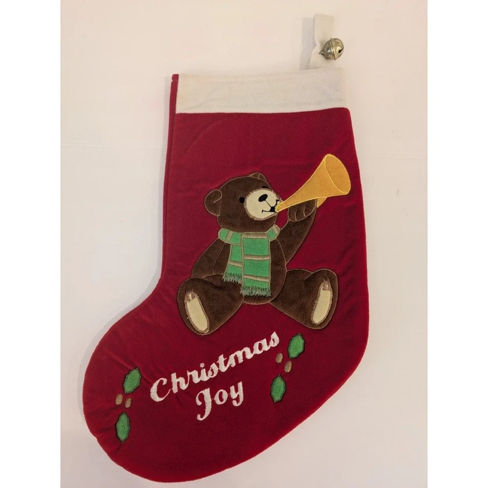 Dakin Christmas Joy Stocking Plush Embroidered Teddy Bear Bell Horn Holly 16.5